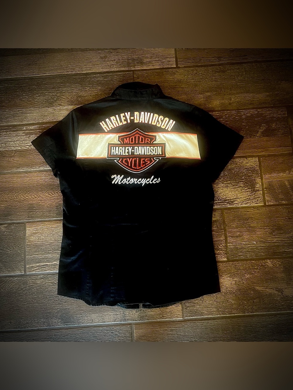 Black & Orange embroidered stretchy Harley Davidson zip front shirt M 2009 - Picture 2 of 9